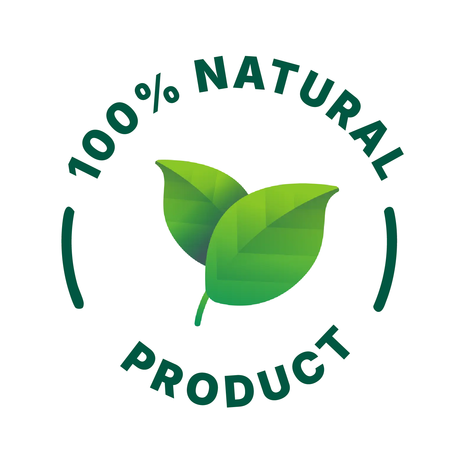 Logo of a 100% natural product with green leaves on a white background