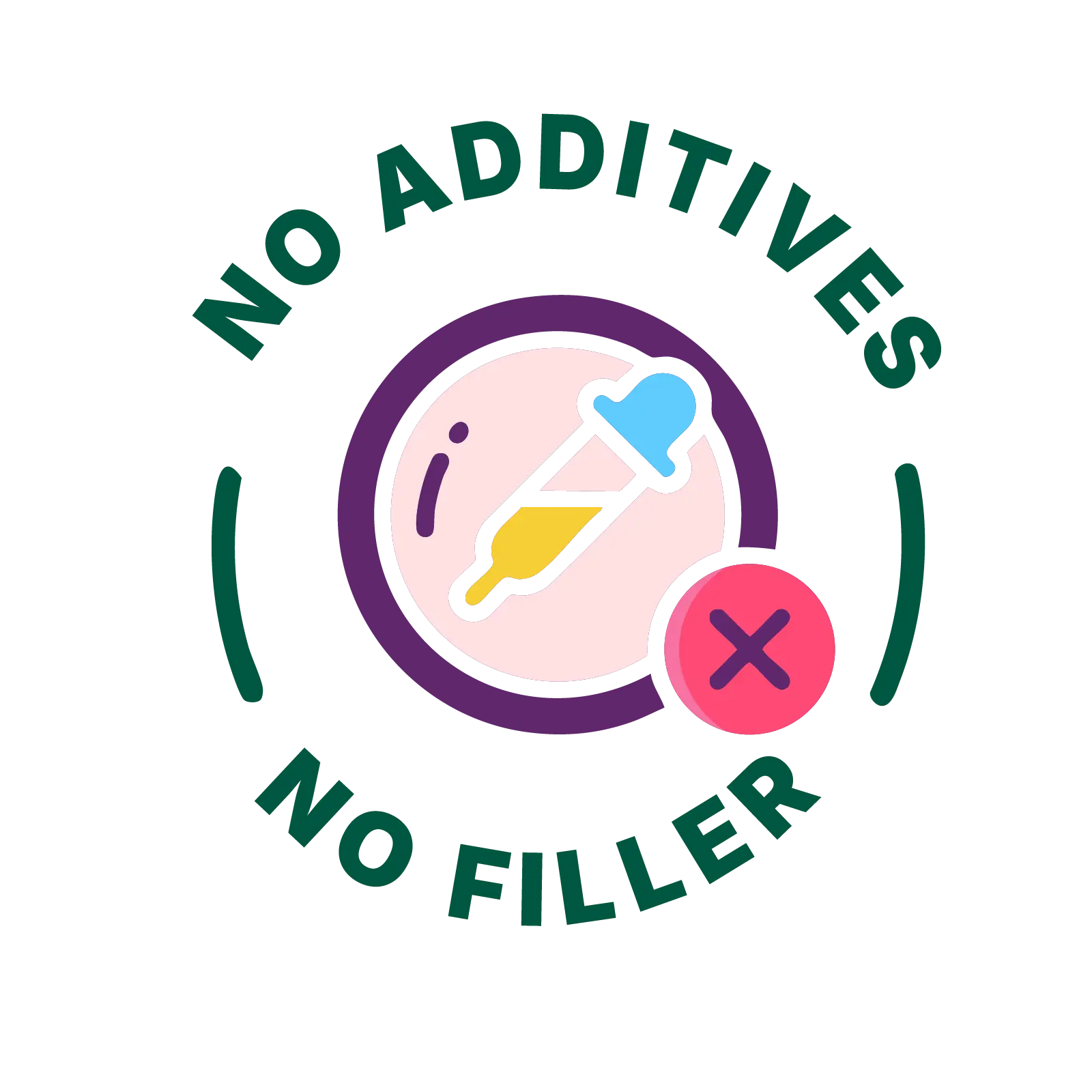 Logo with 'No Additives, No Filler' text and icons on a white background