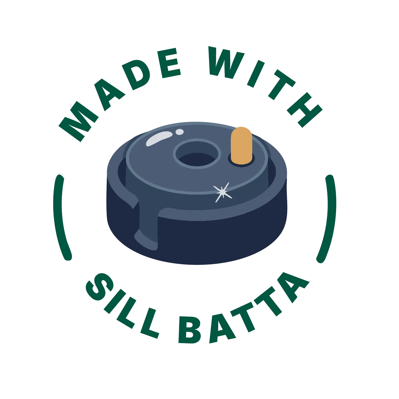 Illustration of a blue and gold object with 'Made with Sill Batta' text on a white background