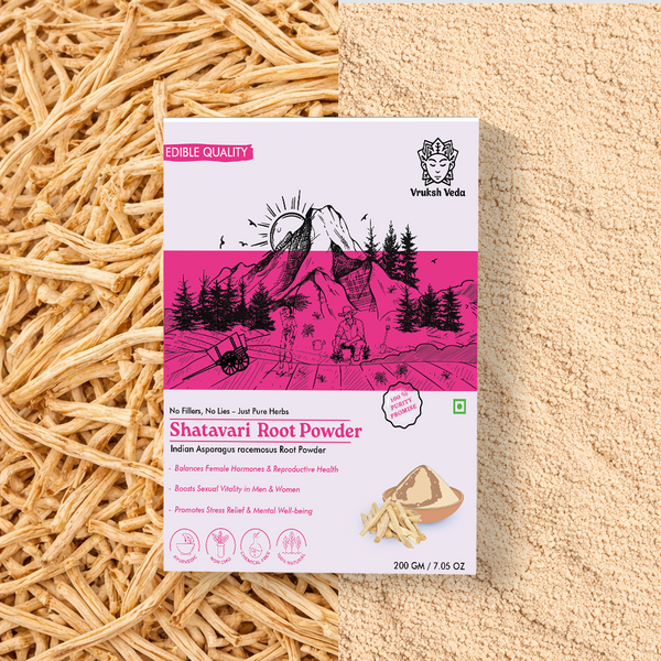 Shatavari Root Powder packaging with root powder on a textured beige background